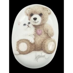 Vtg Otagiri White Kitten And Teddy Bear Oval Trinket Box By Bob Harrison Japan